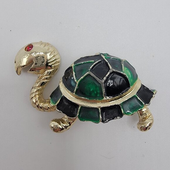 Vintage Smiling Smile TURTLE Tortoise Pin Brooch Rhinestone Eye Goldtone - Picture 1 of 3